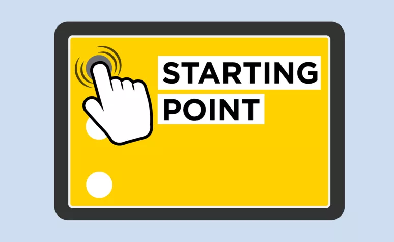 A cartoon image of a tablet displays the words 'STARTING POINT' on a yellow background. A cartoon image of a tablet displays the words 'STARTING POINT' on a yellow background.