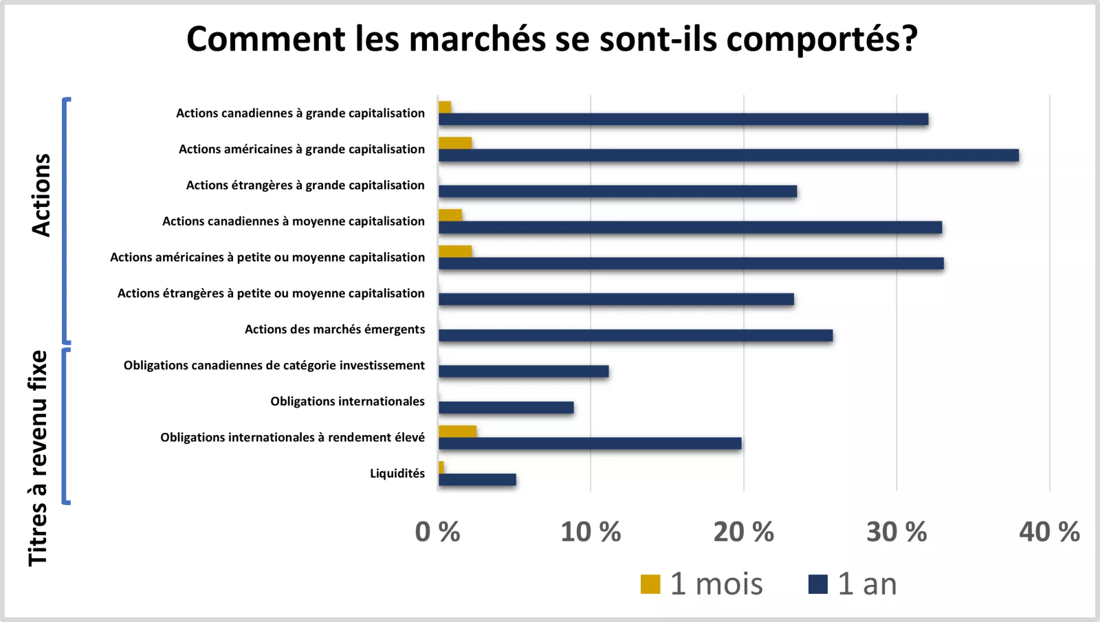  Ce graphique montre les performances des marchés d'actions et de titres à revenu fixe au cours du mois et de l'année précédents.
