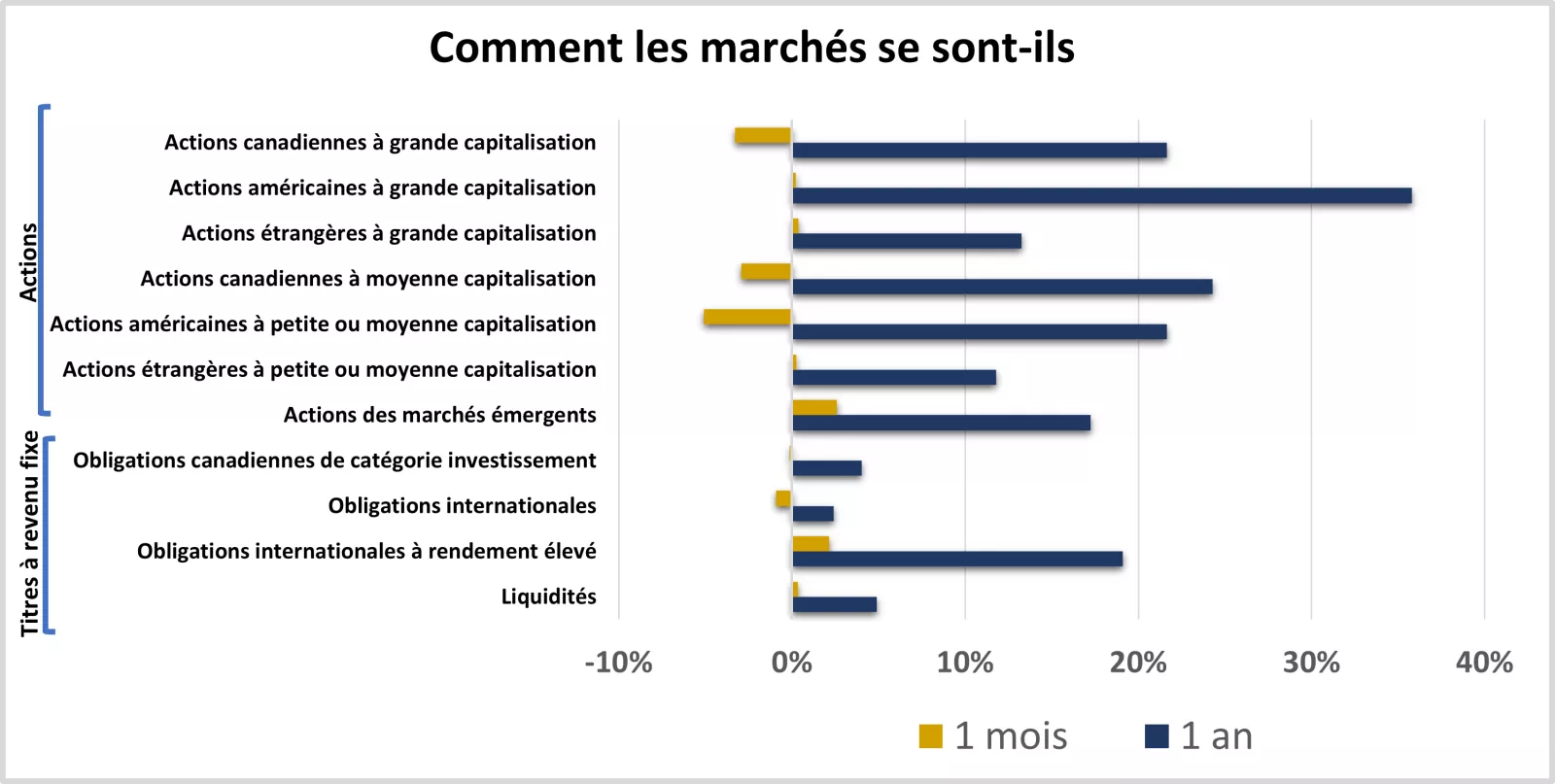  Ce graphique montre les performances des marchés d'actions et de titres à revenu fixe au cours du mois et de l'année précédents.
