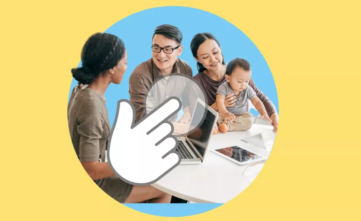 young couple with small child meeting with their advisor